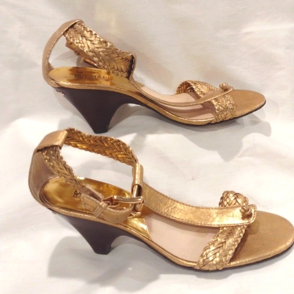Michael Kors Sandals Juniper T-Strap Thong Braided Woven Leather Gold Size 9.5 - Picture 2 of 8